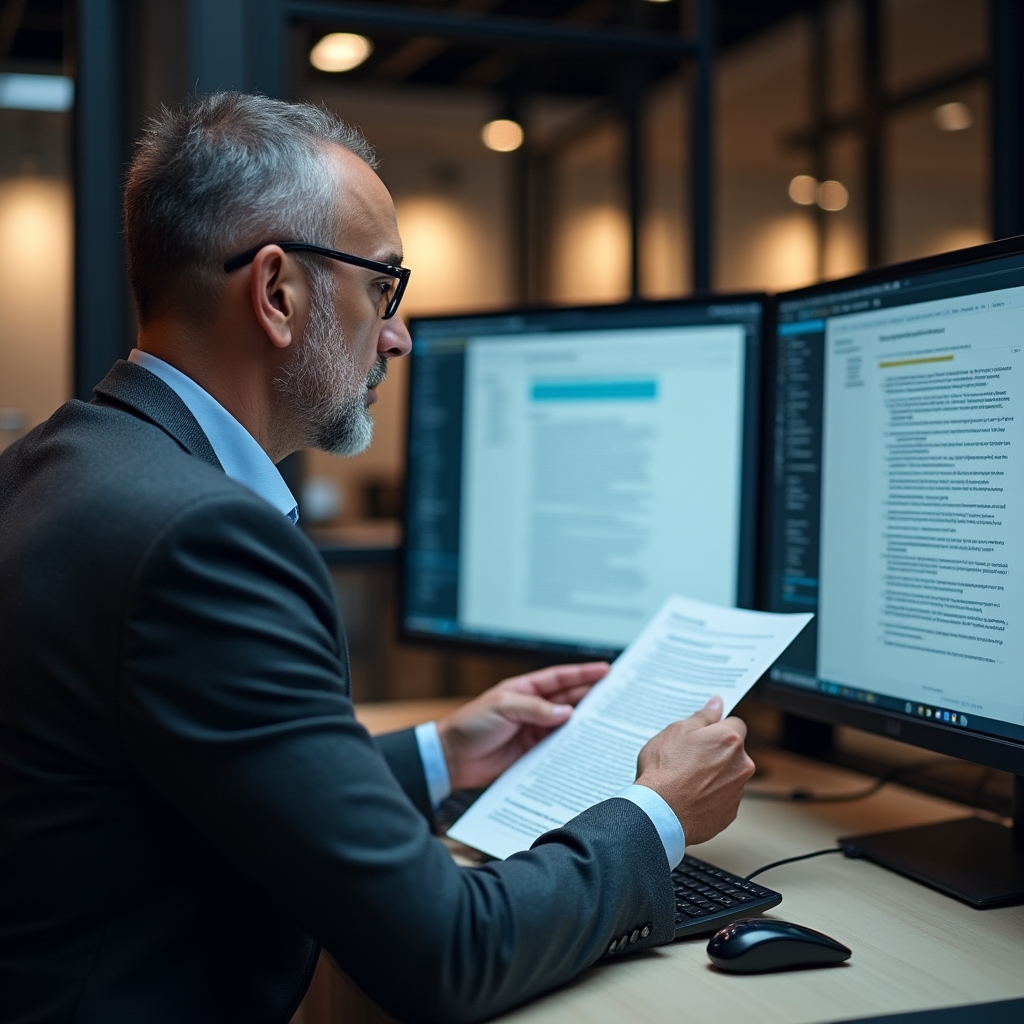 Professional reviewing translated documents side by side on a large monitor in an office