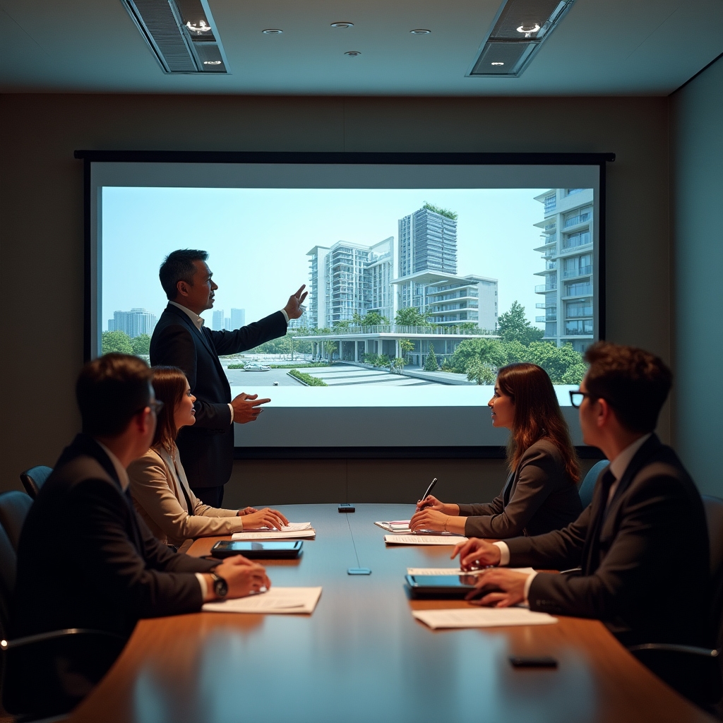International team presenting a real estate project to investors in a conference room