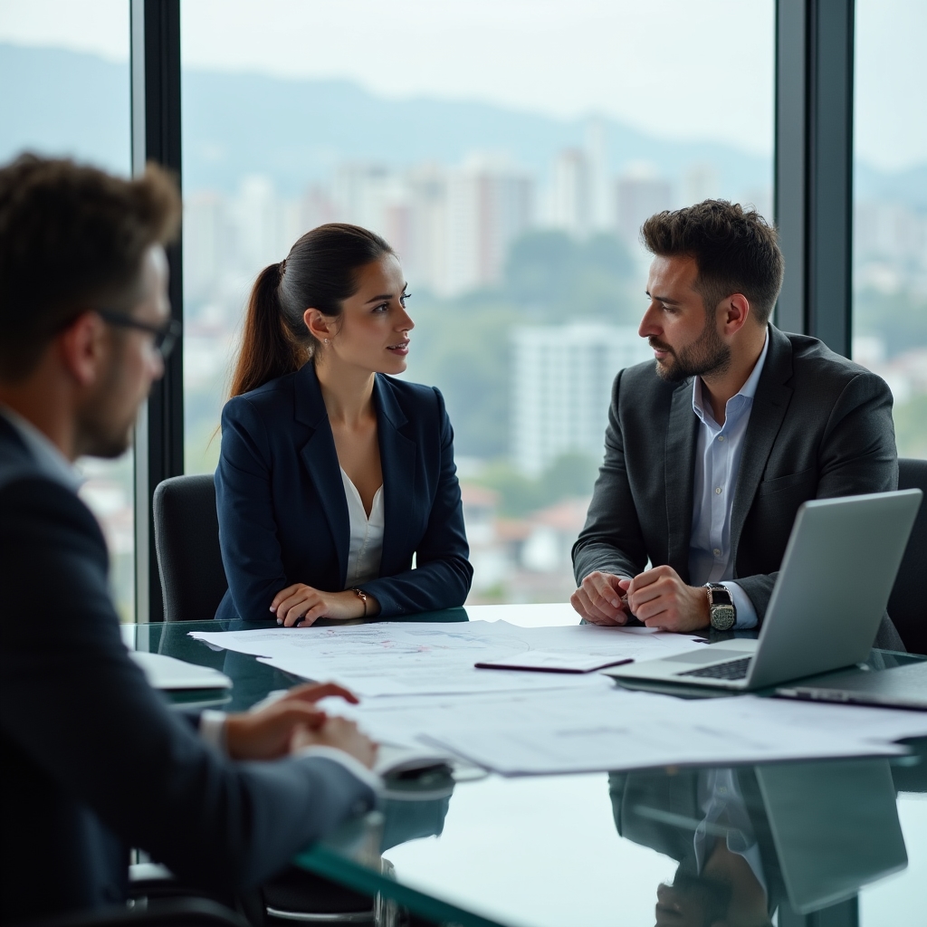 Professional meeting in a Santiago office with documents and laptops